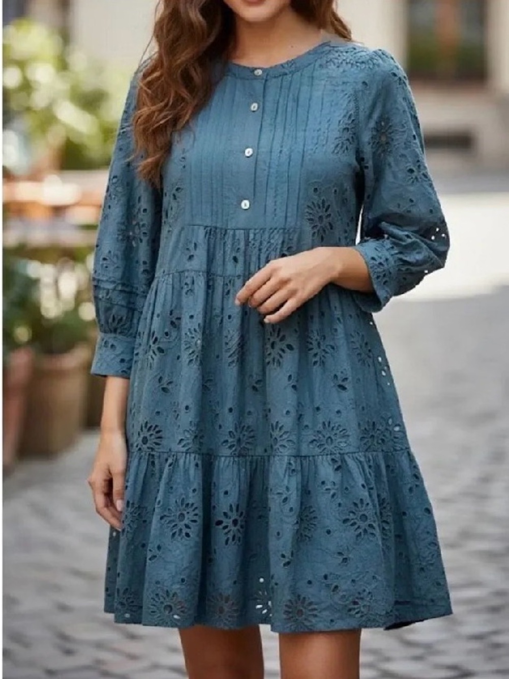 Anthro dRA Yara Dress Womens Medium Teal Eyelet Cotton 3/4 Sleeve Pleated
